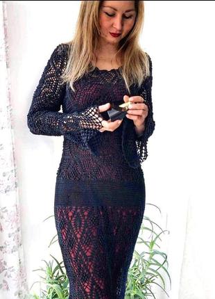 Платье бохо вязаное ажурное черное1 фото
