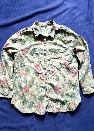 Рубашка женская джинсовая, хаки, цветочный принт с вышивкой. м