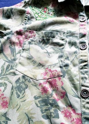Рубашка женская джинсовая, хаки, цветочный принт с вышивкой. м5 фото