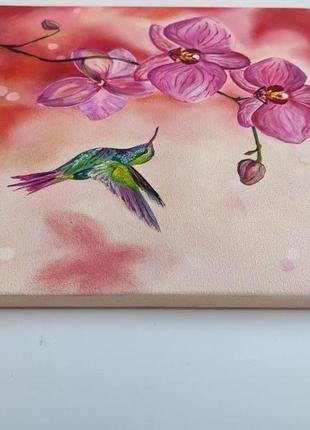 Картина маслом "колибри и орхидея" 30х30 см, интерьерная картина, живопись маслом8 фото