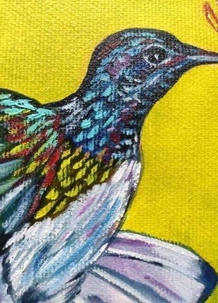 Картина маслом "колібрі" 20х20 см, тропічна пташка, живопис олією5 фото