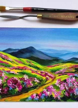 Картина маслом "голубые горы" 18х24 см, масло, пейзаж горы и цветы