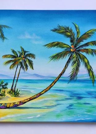 Картина масляными красками "пальма на побережье" на холсте 40х50 см, морской пейзаж