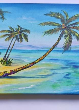 Картина масляными красками "пальма на побережье" на холсте 40х50 см, морской пейзаж5 фото