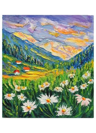 Картина олійними фарбами "ромашки у горах" на оргаліті 18х20 см. пейзаж.1 фото