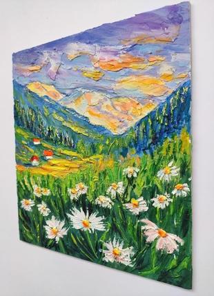 Картина олійними фарбами "ромашки у горах" на оргаліті 18х20 см. пейзаж.4 фото