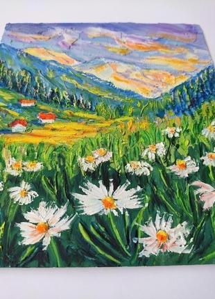Картина олійними фарбами "ромашки у горах" на оргаліті 18х20 см. пейзаж.3 фото