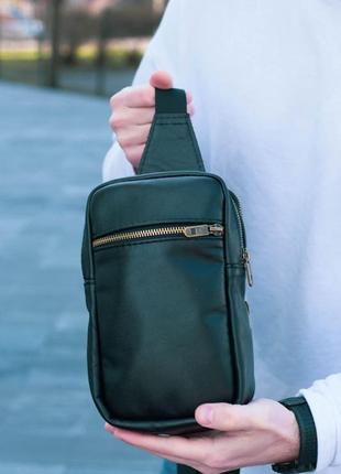 Мужская шикарная качественная и стильная сумка слинг из натуральной кожи черная5 фото