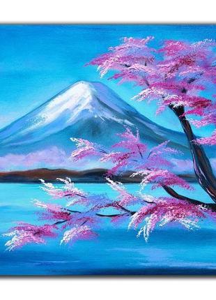 Картина масляными красками "цветущая сакура". пейзаж гора и японскоя вишня.