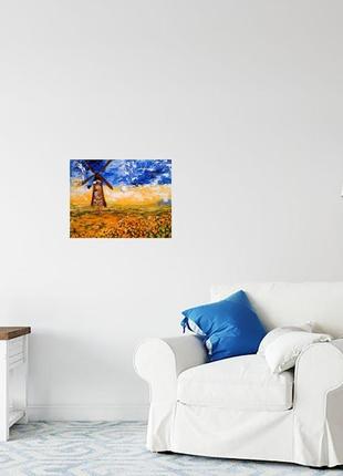 Мельница на поле солнышек оригинальная картина масляными красками импасто6 фото
