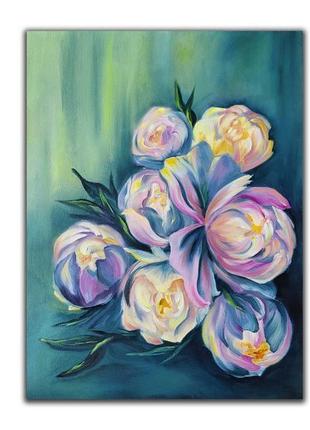 Картина масляными красками "цветущие пионы" 30х40 см. картина пионы.