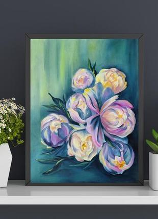 Картина масляными красками "цветущие пионы" 30х40 см. картина пионы.9 фото