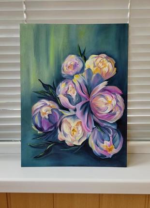 Картина масляными красками "цветущие пионы" 30х40 см. картина пионы.8 фото