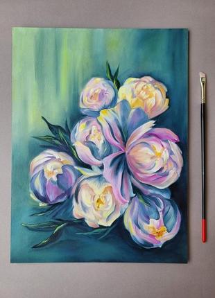 Картина масляными красками "цветущие пионы" 30х40 см. картина пионы.3 фото