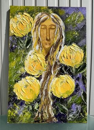 Женский портрет с хризантемами оригинальная картина масляными красками7 фото