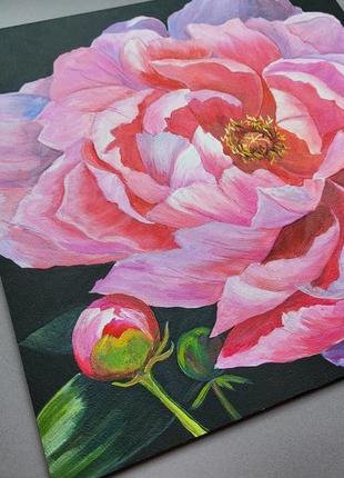 Картина "пион" 30х30 см. картина розовый пион акриловыми красками.3 фото