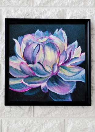Картина "пион" 20х20 см. картина цветок пион на темном фоне маслом.2 фото