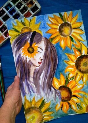 Дівчина з соняшниками акварель оригінальна картина5 фото