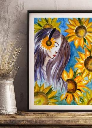 Дівчина з соняшниками акварель оригінальна картина2 фото