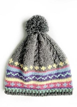 Вязана зимова шапка біні з помпоном в стилі far isle у в комплекті з рукавичками3 фото