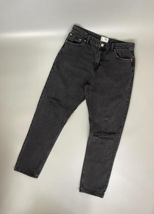 Черные рваные джинсы мом, широкие, свободные, деним, с порванностями, темно серые, высокая посадка, mom, boyfriend, бойфренд, брюки, брюки1 фото