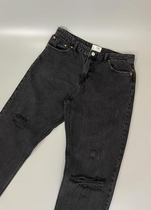 Черные рваные джинсы мом, широкие, свободные, деним, с порванностями, темно серые, высокая посадка, mom, boyfriend, бойфренд, брюки, брюки2 фото