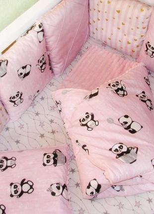 Комплект в дитяче ліжечко "панди": бортики, плед-конверт, подушка, простирадло на гумці3 фото
