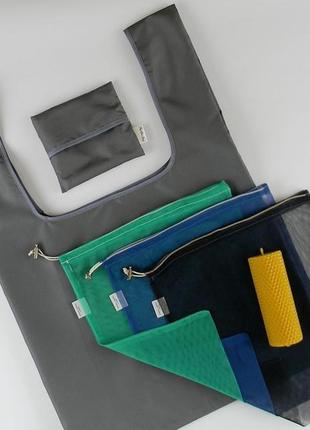 Эко подарок: сумки многоразовые 3шт, хозяйственная сумка шопер с чехлом, свеча, серый.1 фото