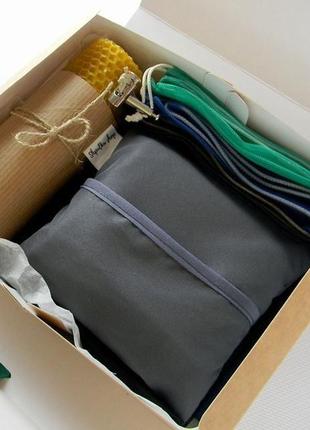 Еко подарунок: торбинки багаторазові 3шт, господарська сумка шопер з чохлом, свічка, сірий.6 фото