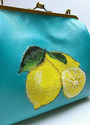 Шкіряна жіноча сумка,сумка жіноча шкіряна,сумка фермуар,сумка з лимонами,сумка з вишивкою3 фото