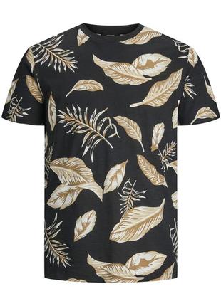 Легкая футболка jack&jones черная, с орнаментом тропики листья, размеры s, m, l