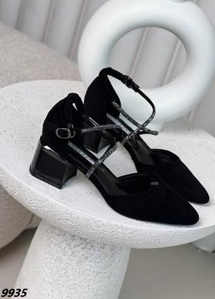 Красивые женские туфли на каблуке со стразами туфельки низкий квадратный каблук с камушками туфлы со стразами замша6 фото