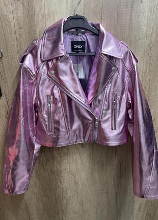 Розовая кожаная, розовая куртка, косуха, косуха из экокожи от бренда only7 фото