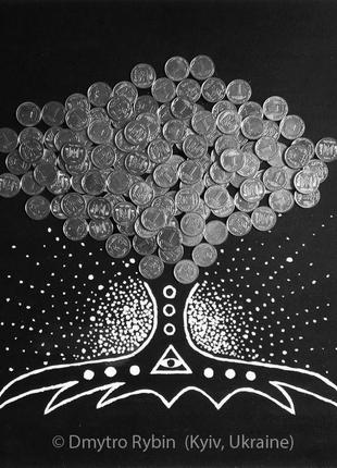 Грошове дерево. багатство і достатку. акрилова живопис з монетами. 30*30 див. дсп 3 мм1 фото