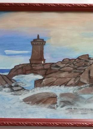 Картина, акварель, маяк и море