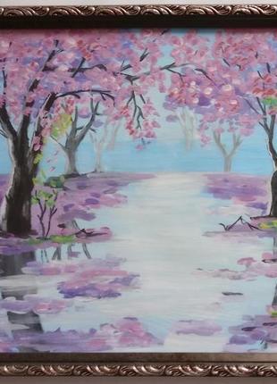 Картина, акварель, весна, цветущие деревья