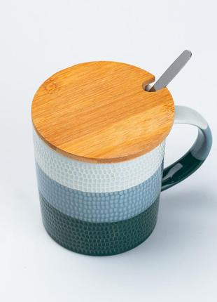 Чашка з бамбуковою кришкою та ложкою керамічна 350 мл зелена3 фото