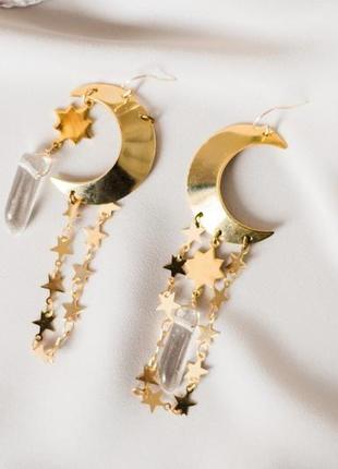Латунні сережки в стилі бохо з місяцем і зірками3 фото