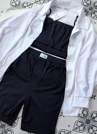 Черный женский базовый универсальный летний костюм велосипедки топ белая рубашка летний повседневный костюм с шортами9 фото