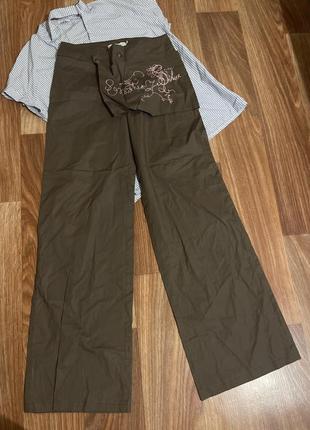 Широкі котонові штани брюки шоколадного кольору с великою кишенею