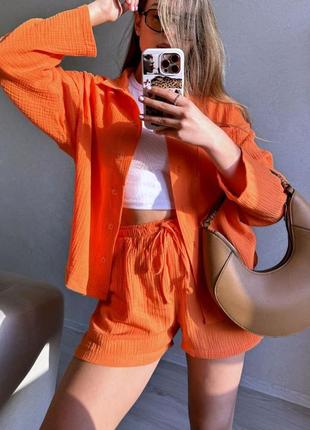 Оранжевый женский муслиновый костюм шорты рубашка свободного кроя женский прогулочный повседневный костюм с шортами муслин2 фото