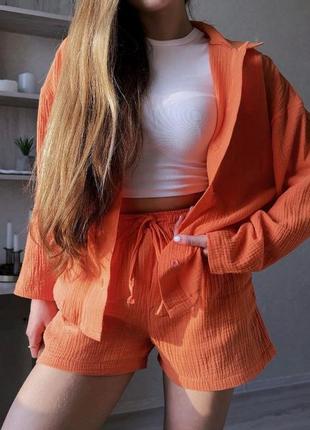 Оранжевый женский муслиновый костюм шорты рубашка свободного кроя женский прогулочный повседневный костюм с шортами муслин3 фото