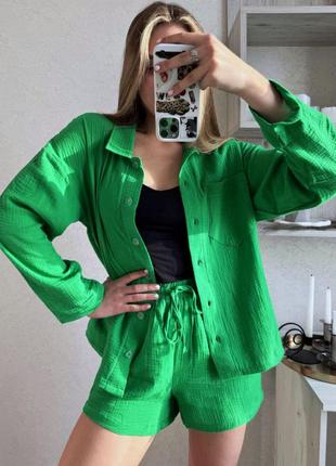 Зеленый женский муслиновый костюм шорты рубашка свободного кроя женский прогулочный повседневный костюм с шортами муслин2 фото
