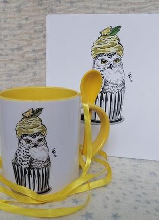 Керамічна чашка "лимонна сова" (керамічна ложечка в комплекті)