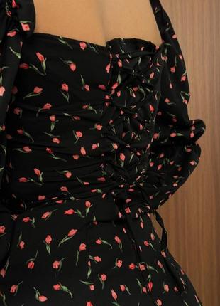 Черное женское платье миди в цветочный принт женское нежное длинное платье в цветы3 фото