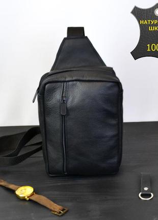 Сумка мужская - кожаная, нагрудная сумка слинг кожаная черная на 3 кармана, мужская сумка на грудь1 фото