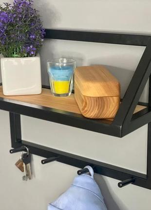 Полка в передпокій з дерева й металу з гачками для одягу 50х15х30