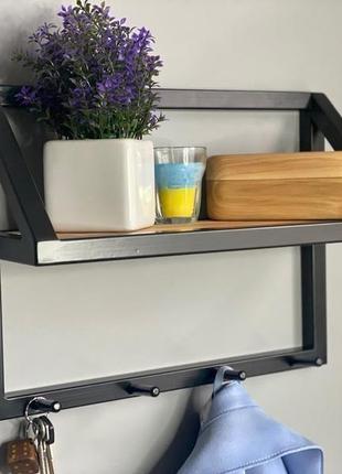 Полка в передпокій з дерева й металу з гачками для одягу 50х15х30