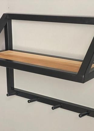 Полка в передпокій з дерева й металу з гачками для одягу 50х15х30