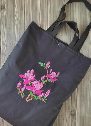 Сумка-шопер, торба з вишивкою квіти магнолії4 фото